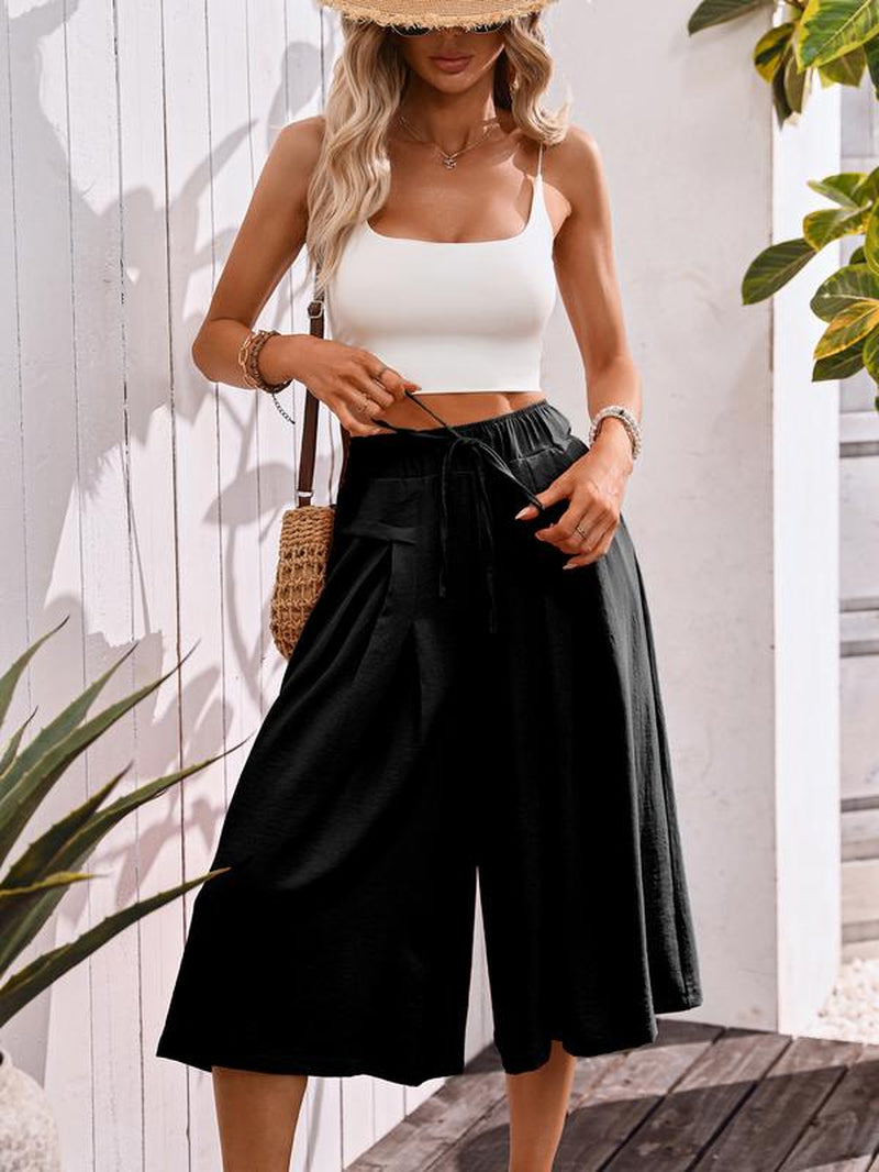 Capris Pants for Women Wide Leg Pants Flowy Elastic Waist Comfy Lounge Casual Palazzo Trousers with Pockets Comfort Comfortable Fit Loose
