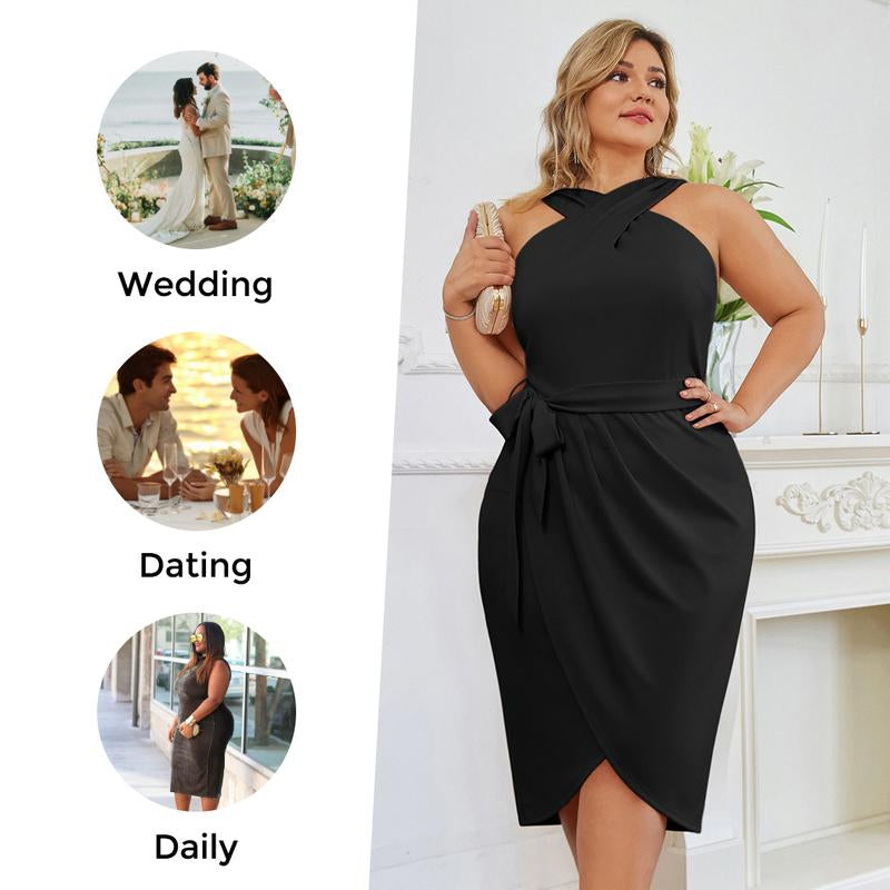 【16W-24W】Hanna Nikole plus Size Dresses for Curvy Women Halterneck Sleeveless Wrap Front Ruched Bodycon Dress Party Dress