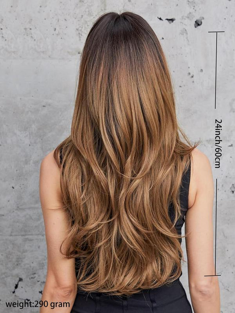 24 Inch Ombre Brown Long Wavy Wigs, Women'S Body Wave Wigs, Gorgeous Fluffy Wigs with Blunt Bangs, Synthetic Full Machine Wigs for Party, Daily Use Long Hair