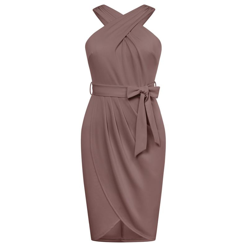 【16W-24W】Hanna Nikole plus Size Dresses for Curvy Women Halterneck Sleeveless Wrap Front Ruched Bodycon Dress Party Dress
