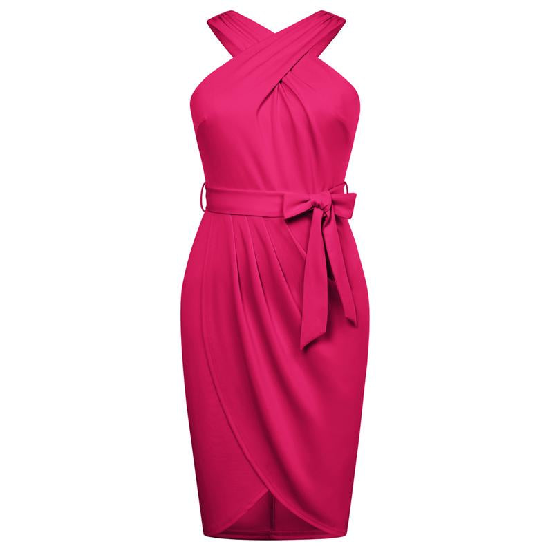 【16W-24W】Hanna Nikole plus Size Dresses for Curvy Women Halterneck Sleeveless Wrap Front Ruched Bodycon Dress Party Dress