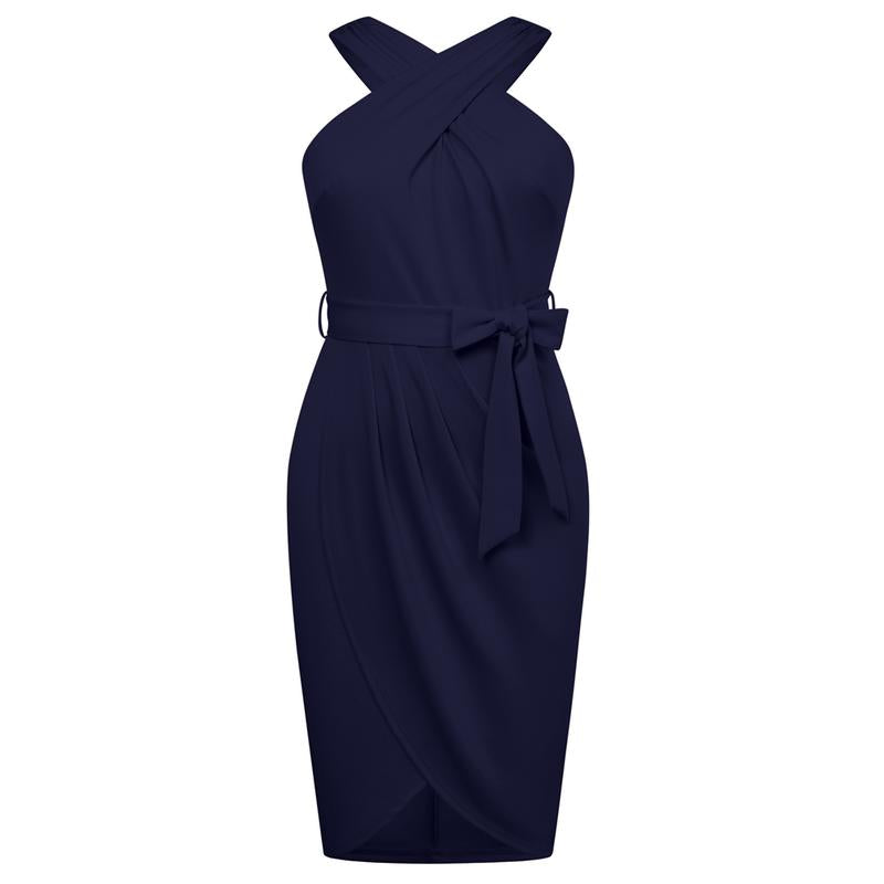 【16W-24W】Hanna Nikole plus Size Dresses for Curvy Women Halterneck Sleeveless Wrap Front Ruched Bodycon Dress Party Dress