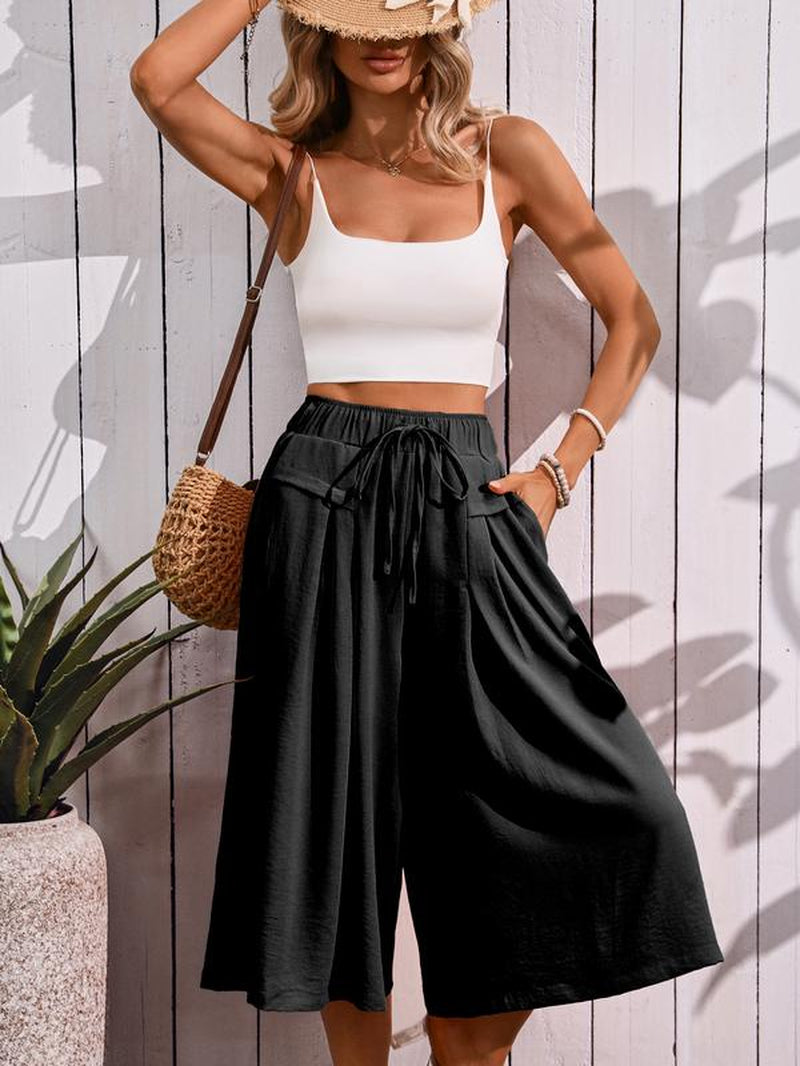 Capris Pants for Women Wide Leg Pants Flowy Elastic Waist Comfy Lounge Casual Palazzo Trousers with Pockets Comfort Comfortable Fit Loose