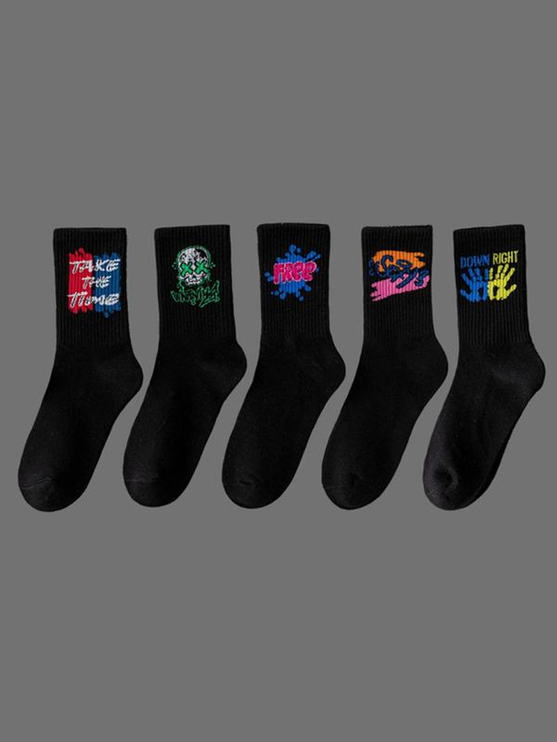 Unisex'S 5 Pairs Random Print Crew Socks, National Day Offers, Casual Moisture Wicking Socks, Soft Comfy Breathable Socks for All Seasons Daily Wear
