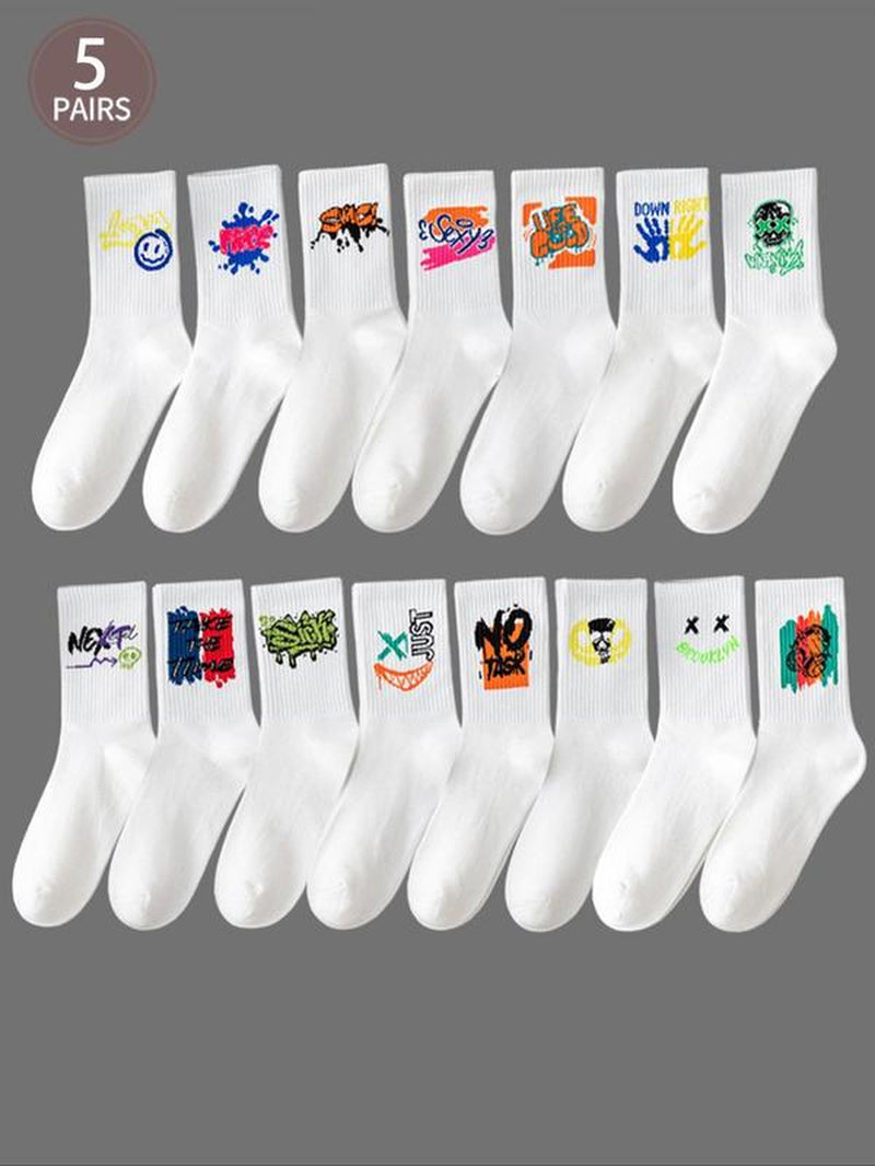 Unisex'S 5 Pairs Random Print Crew Socks, National Day Offers, Casual Moisture Wicking Socks, Soft Comfy Breathable Socks for All Seasons Daily Wear