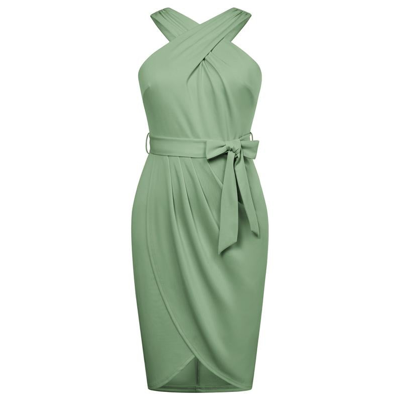 【16W-24W】Hanna Nikole plus Size Dresses for Curvy Women Halterneck Sleeveless Wrap Front Ruched Bodycon Dress Party Dress