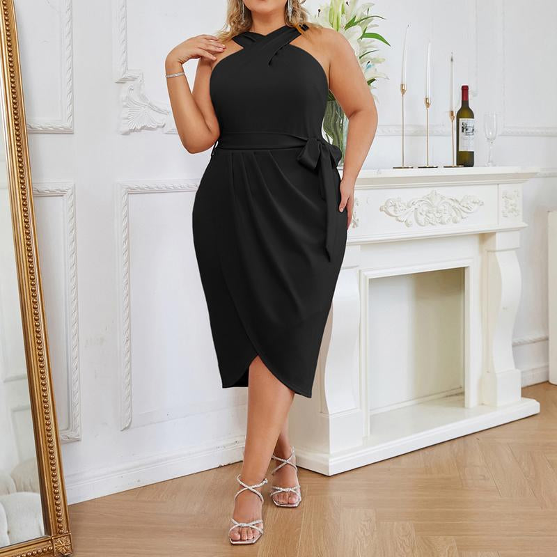 【16W-24W】Hanna Nikole plus Size Dresses for Curvy Women Halterneck Sleeveless Wrap Front Ruched Bodycon Dress Party Dress