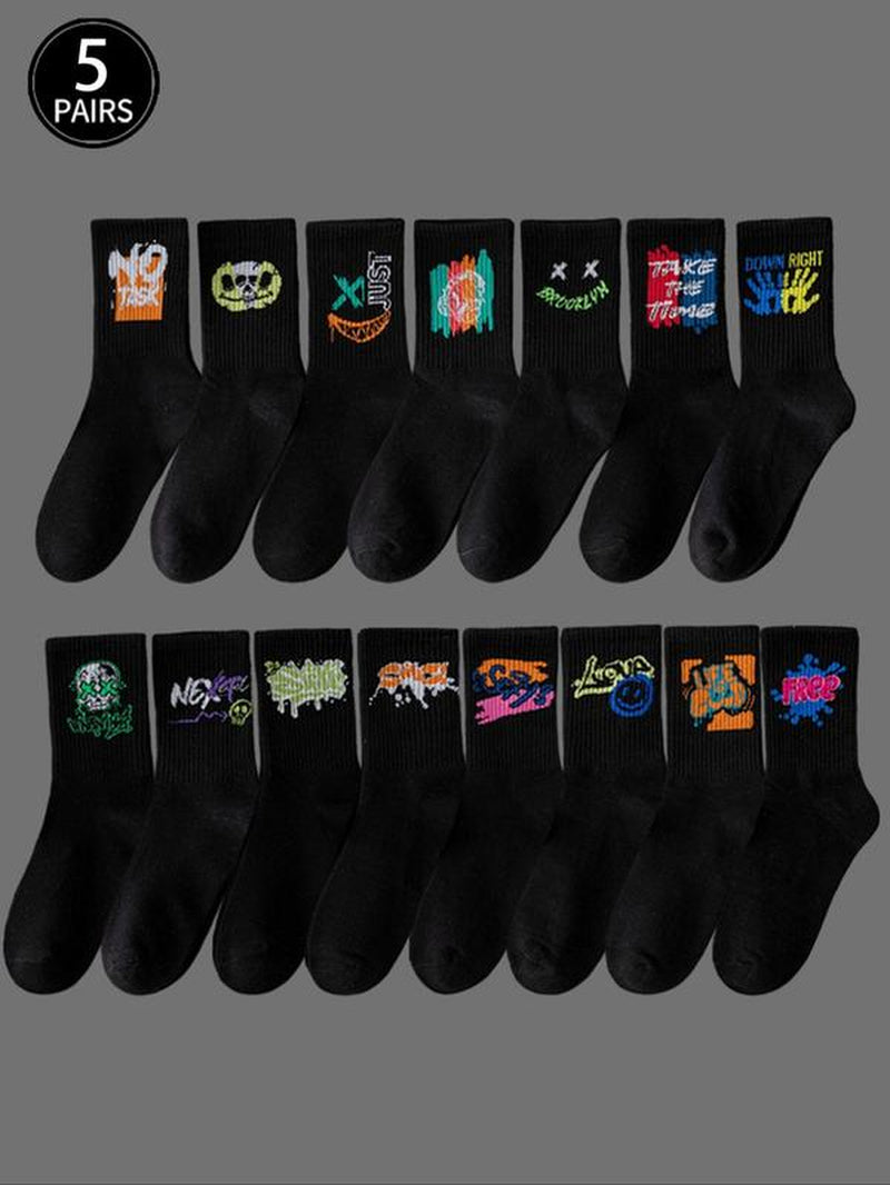 Unisex'S 5 Pairs Random Print Crew Socks, National Day Offers, Casual Moisture Wicking Socks, Soft Comfy Breathable Socks for All Seasons Daily Wear