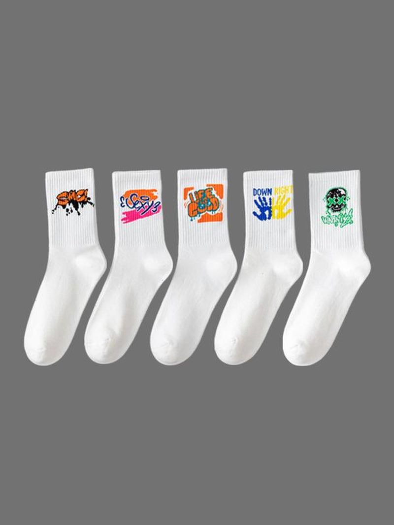 Unisex'S 5 Pairs Random Print Crew Socks, National Day Offers, Casual Moisture Wicking Socks, Soft Comfy Breathable Socks for All Seasons Daily Wear