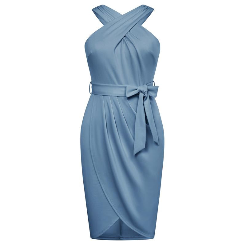 【16W-24W】Hanna Nikole plus Size Dresses for Curvy Women Halterneck Sleeveless Wrap Front Ruched Bodycon Dress Party Dress