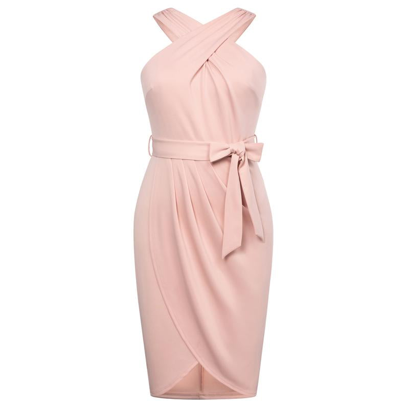 【16W-24W】Hanna Nikole plus Size Dresses for Curvy Women Halterneck Sleeveless Wrap Front Ruched Bodycon Dress Party Dress