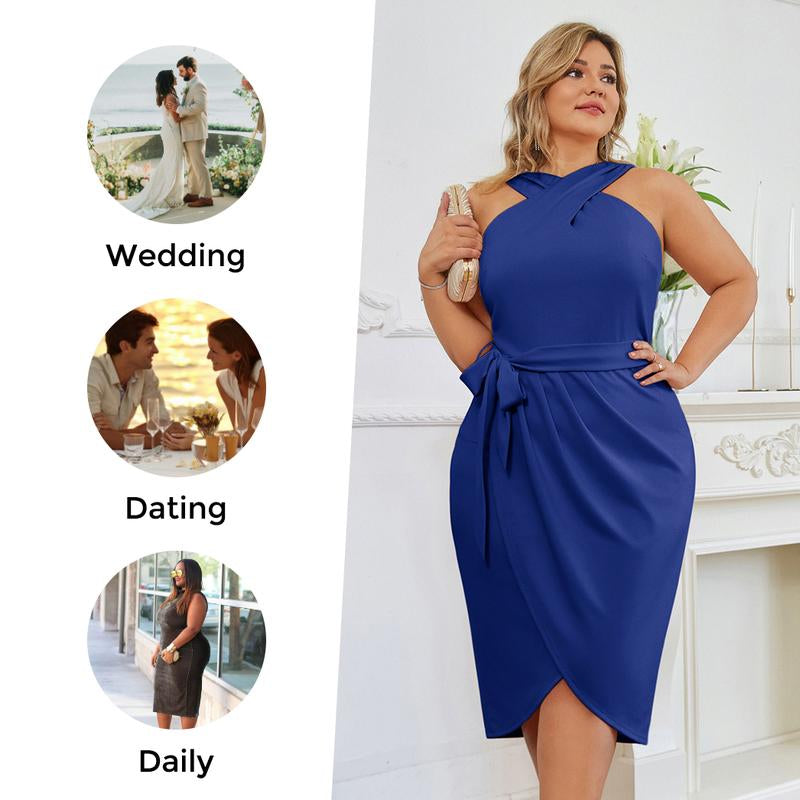 【16W-24W】Hanna Nikole plus Size Dresses for Curvy Women Halterneck Sleeveless Wrap Front Ruched Bodycon Dress Party Dress