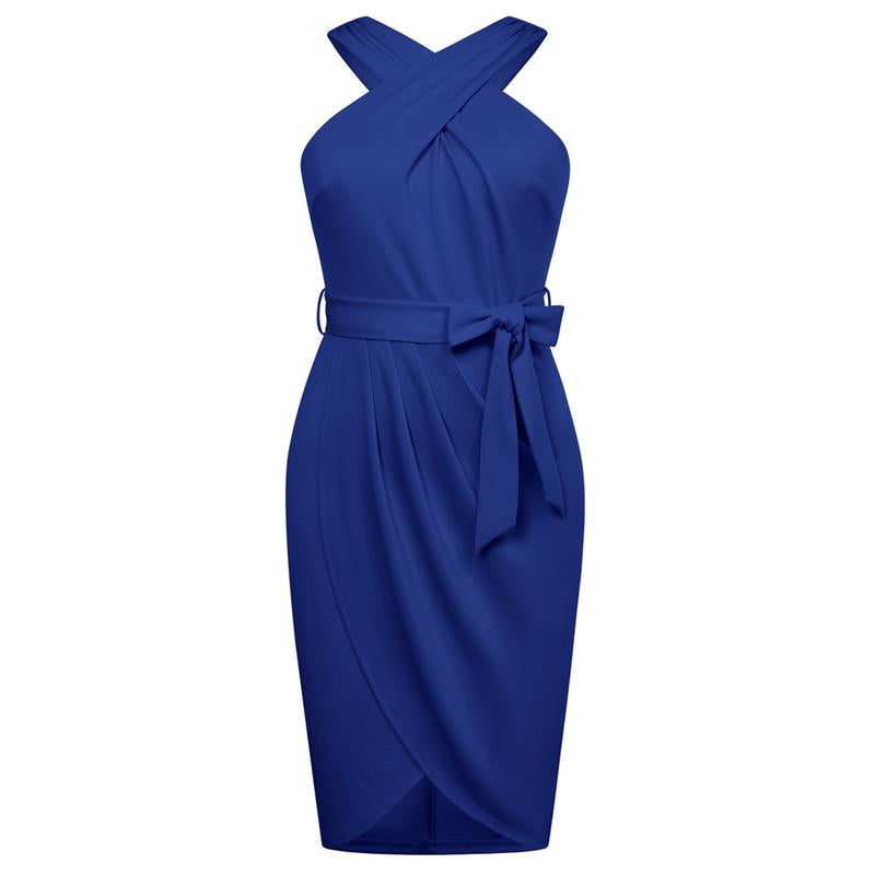 【16W-24W】Hanna Nikole plus Size Dresses for Curvy Women Halterneck Sleeveless Wrap Front Ruched Bodycon Dress Party Dress