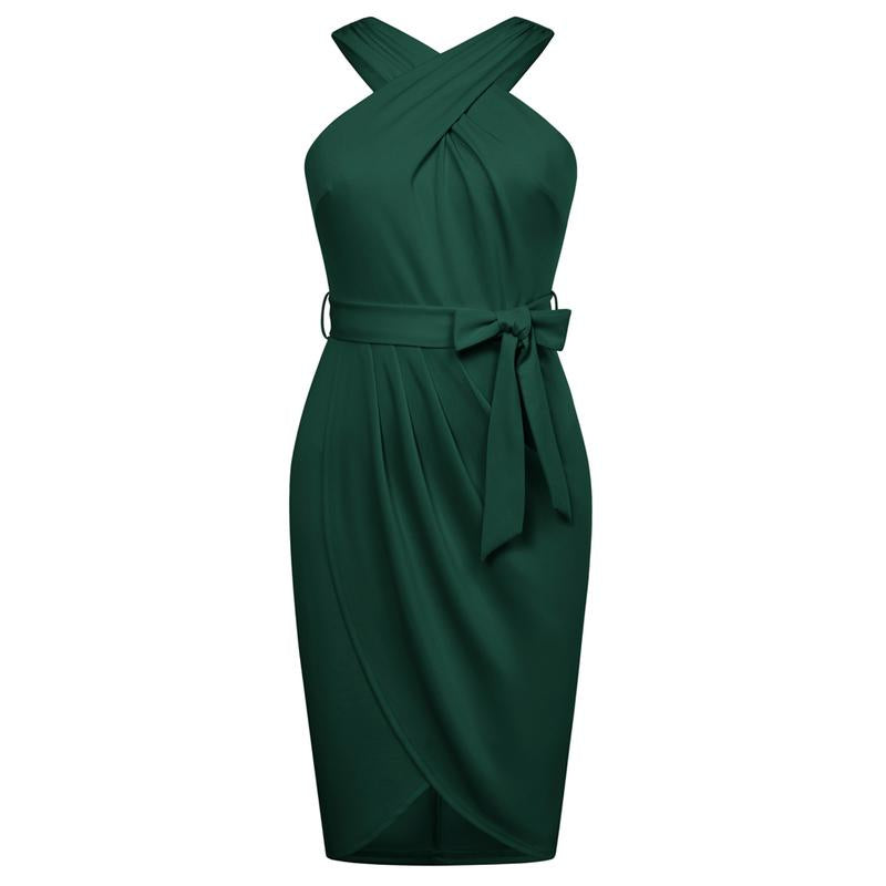 【16W-24W】Hanna Nikole plus Size Dresses for Curvy Women Halterneck Sleeveless Wrap Front Ruched Bodycon Dress Party Dress