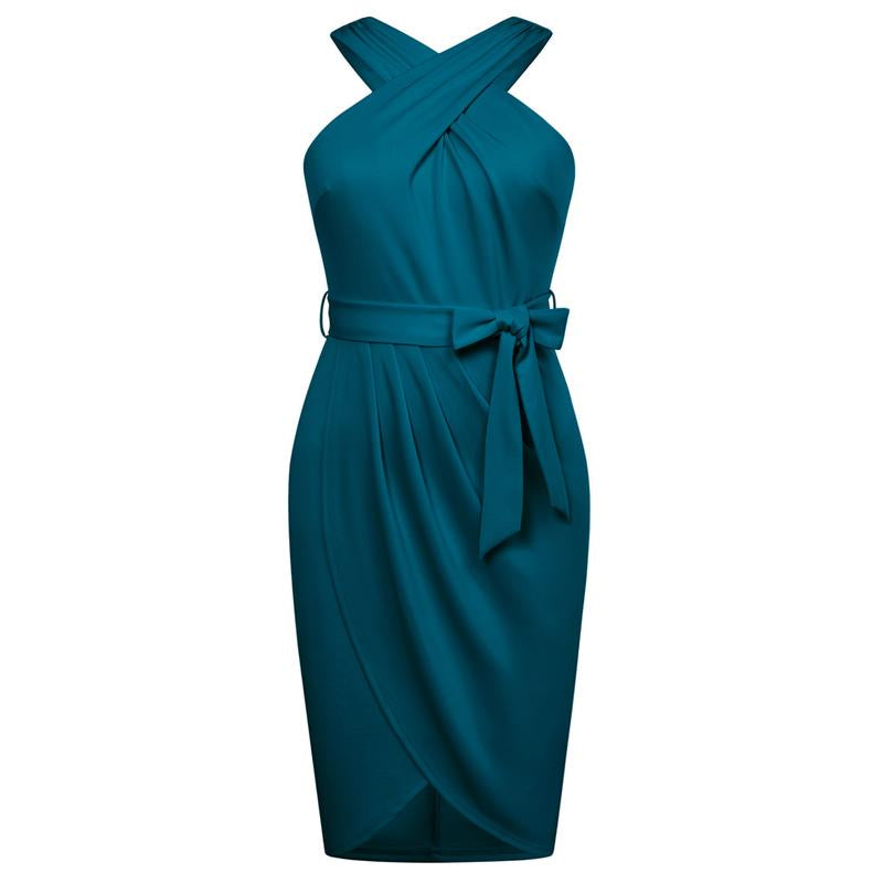 【16W-24W】Hanna Nikole plus Size Dresses for Curvy Women Halterneck Sleeveless Wrap Front Ruched Bodycon Dress Party Dress