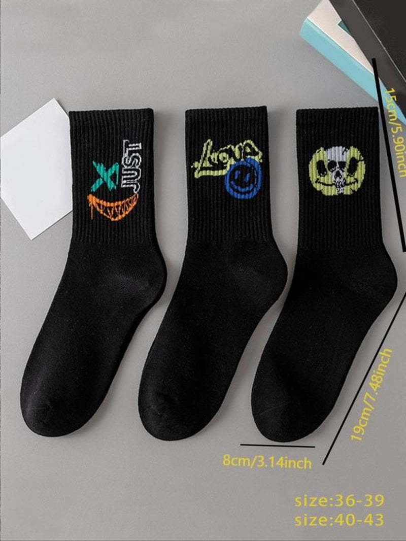 Unisex'S 5 Pairs Random Print Crew Socks, National Day Offers, Casual Moisture Wicking Socks, Soft Comfy Breathable Socks for All Seasons Daily Wear