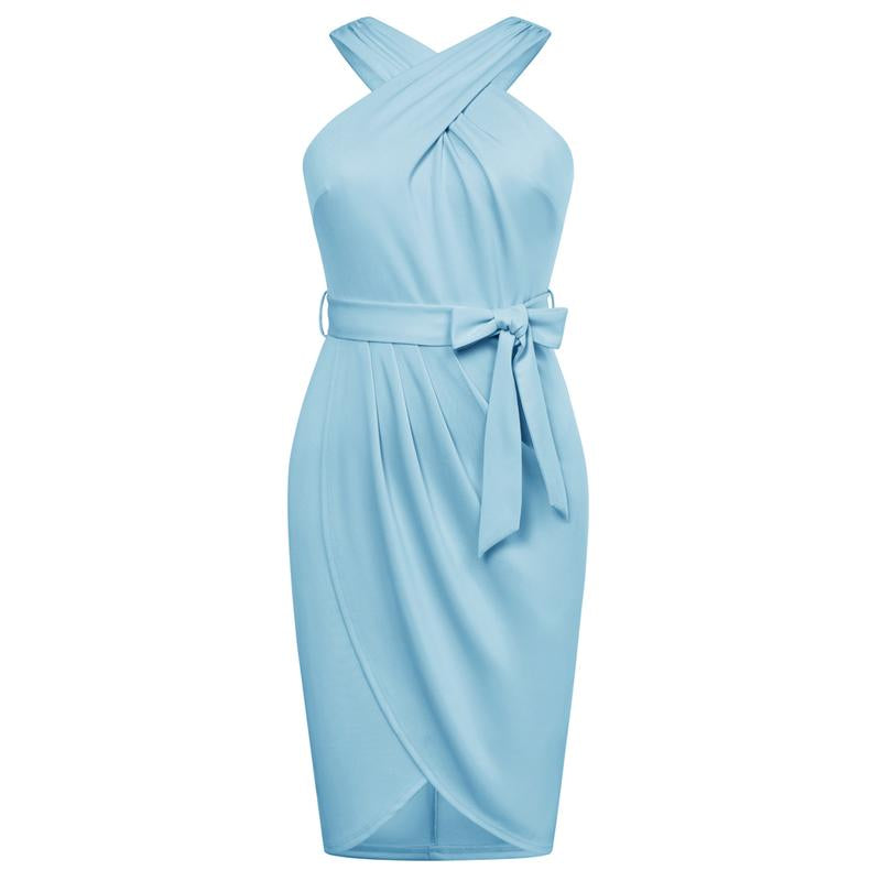 【16W-24W】Hanna Nikole plus Size Dresses for Curvy Women Halterneck Sleeveless Wrap Front Ruched Bodycon Dress Party Dress