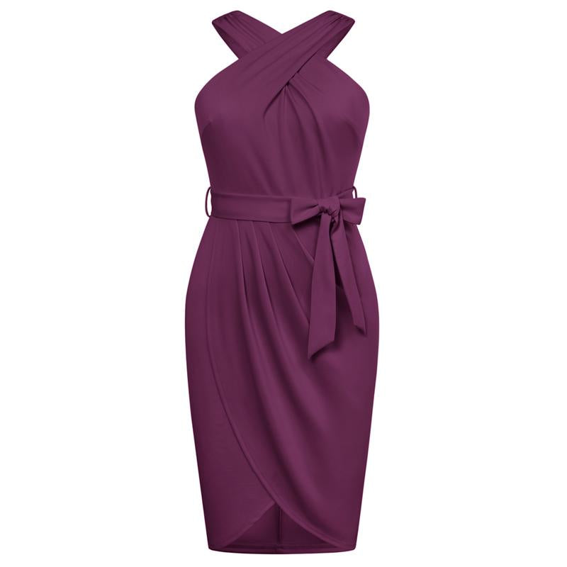 【16W-24W】Hanna Nikole plus Size Dresses for Curvy Women Halterneck Sleeveless Wrap Front Ruched Bodycon Dress Party Dress