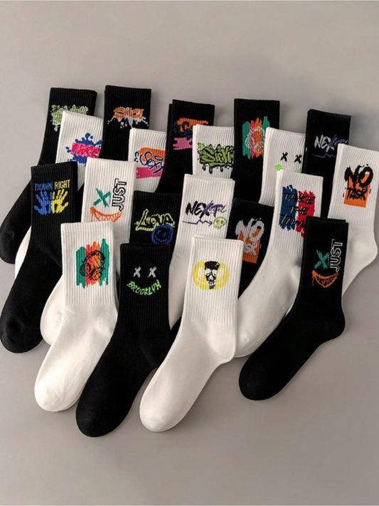Unisex'S 5 Pairs Random Print Crew Socks, National Day Offers, Casual Moisture Wicking Socks, Soft Comfy Breathable Socks for All Seasons Daily Wear