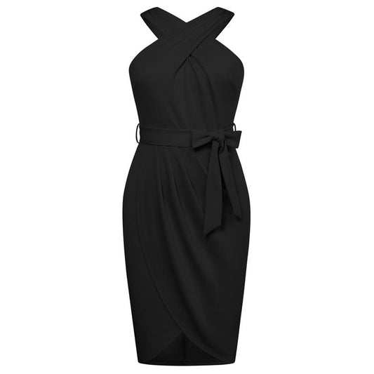 【16W-24W】Hanna Nikole plus Size Dresses for Curvy Women Halterneck Sleeveless Wrap Front Ruched Bodycon Dress Party Dress