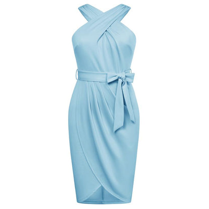 【16W-24W】Hanna Nikole plus Size Dresses for Curvy Women Halterneck Sleeveless Wrap Front Ruched Bodycon Dress Party Dress